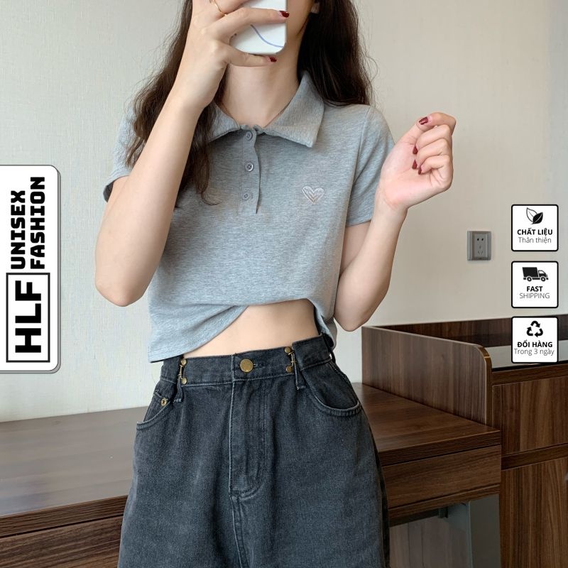 Áo polo croptop tay ngắn nữ thêu trái tim bên ngực, áo thun nữ HLFashion