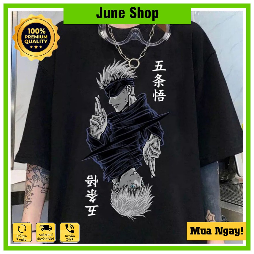 Áo Anime in hình Jujutsu Kaisen - Gojo Satoru 2 mặt màu đen trắng chất cotton 4 chiều, cực mát
