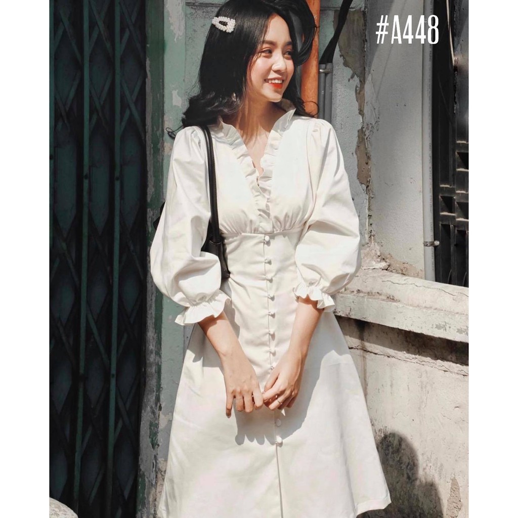 [Mã SKAMA06 giảm 8% tối đa 50K đơn 250K] Đầm trắng dạo phố viền bèo xinh xắn