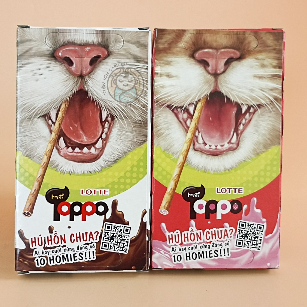 Bánh que socola Toppo Lotte vỏ giòn tan, kẹo thanh chocolate kem vani hộp 40 vị socola, dâu