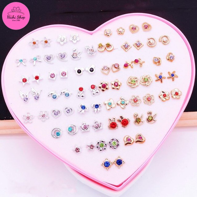 Set 36 đôi khuyên tai hộp trái tim, bông tai nhựa, hoa tai đính đá nhiều kiểu dáng