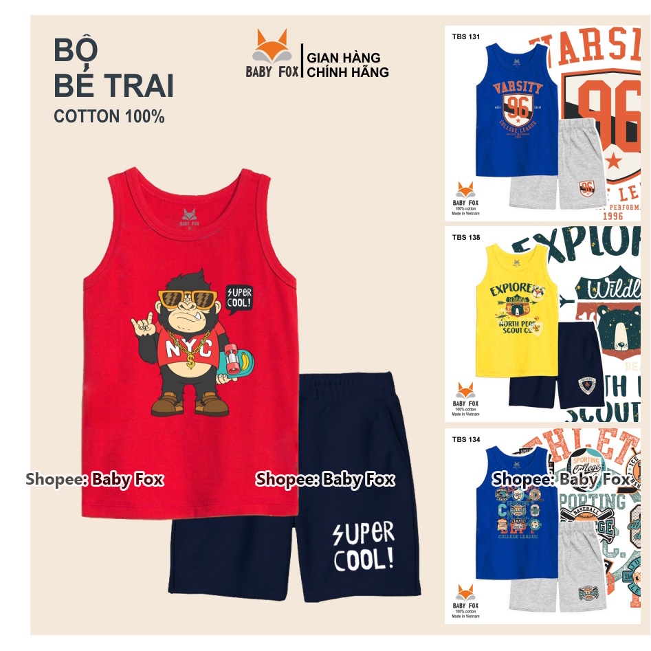 Bộ thun bé trai sát nách 100% cotton loại tốt, thương hiệu BABY FOX, size nhỏ, trung, đại e