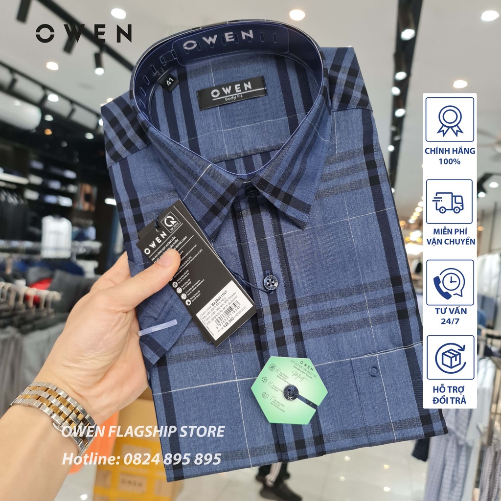 OWEN (FREESHIP) Áo Sơ mi nam cộc tay dáng BODYFIT sợi Bạc Hà - Mã BA220411NT