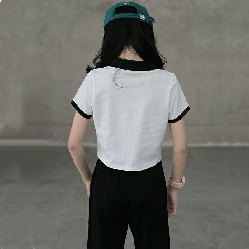 Set Áo Thun POLO + Quần Dài Ống Rộng Vải Lụa Mát Phong Cách Phương Tây Cho Bé Gái