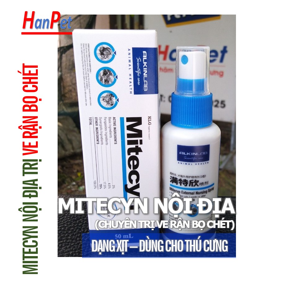 Alkin Mitecyn &amp; Fungikur - Xịt ve rận chó mèo &amp; Hỗ trợ điều trị ghẻ ngứa da trên thú cưng