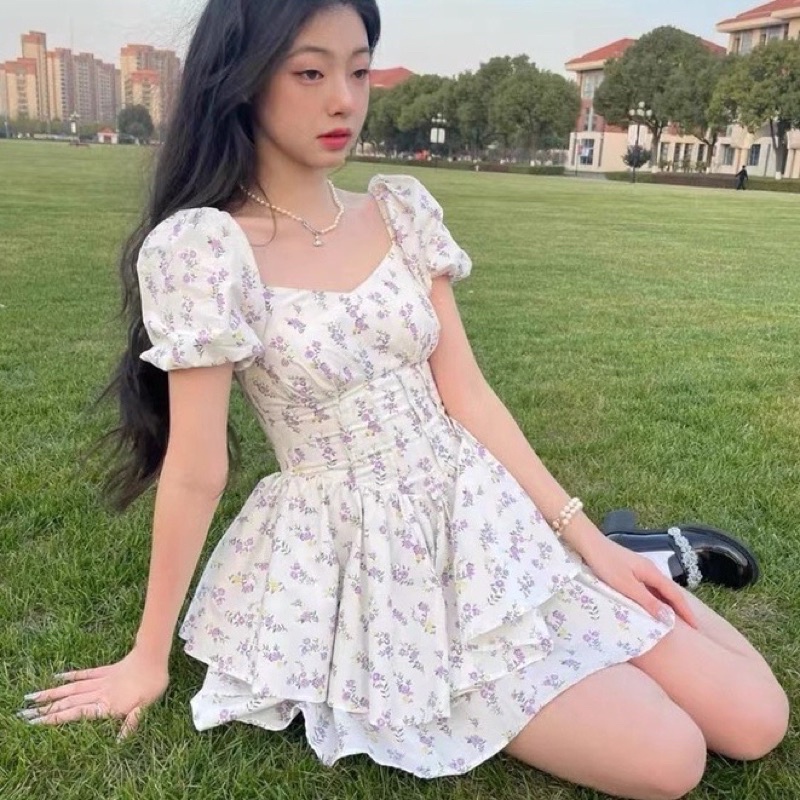 váy hoa nhí trễ vai dáng xòe công chúa cúp ngực