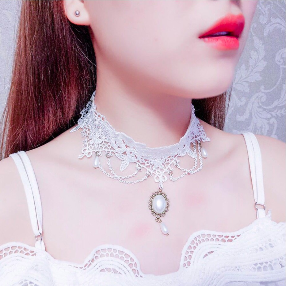 Vòng cổ nữ choker ren trắng treo giọt nước sang trọng
