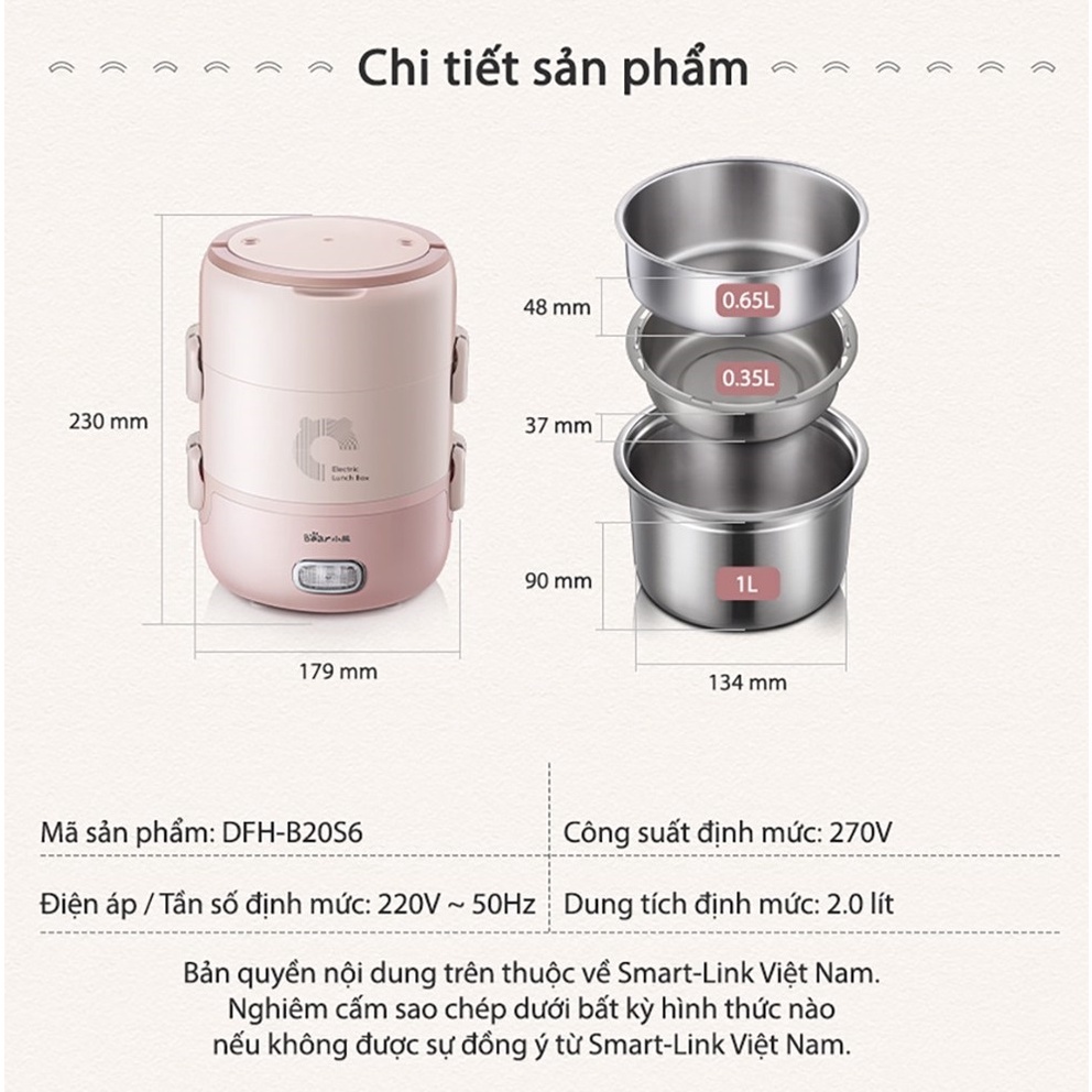 [Mã ELHADEV giảm 4% đơn 300K] Hộp cơm điện cầm tay đa năng Bear DFH-B20S6 - Chính Hãng - BH 18 tháng