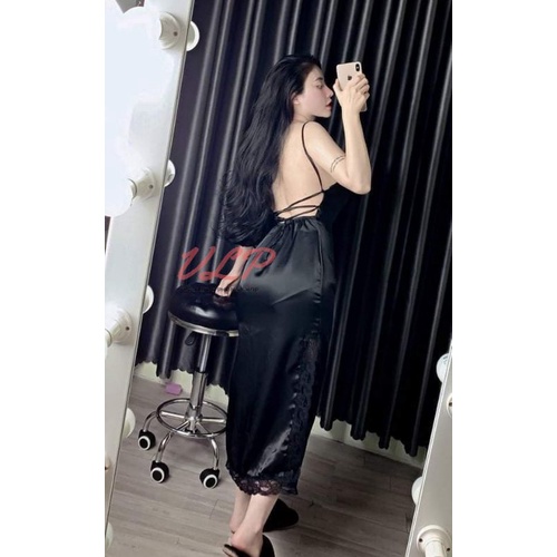 [BIGSIZE_65KG]_DN110_Váy ngủ lụa dài phối ren có mút ngực, đan dây lưng, xẻ tà sexy
