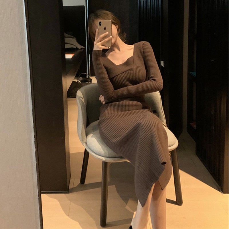 Váy len tăm body cổ vát style Hàn Quốc