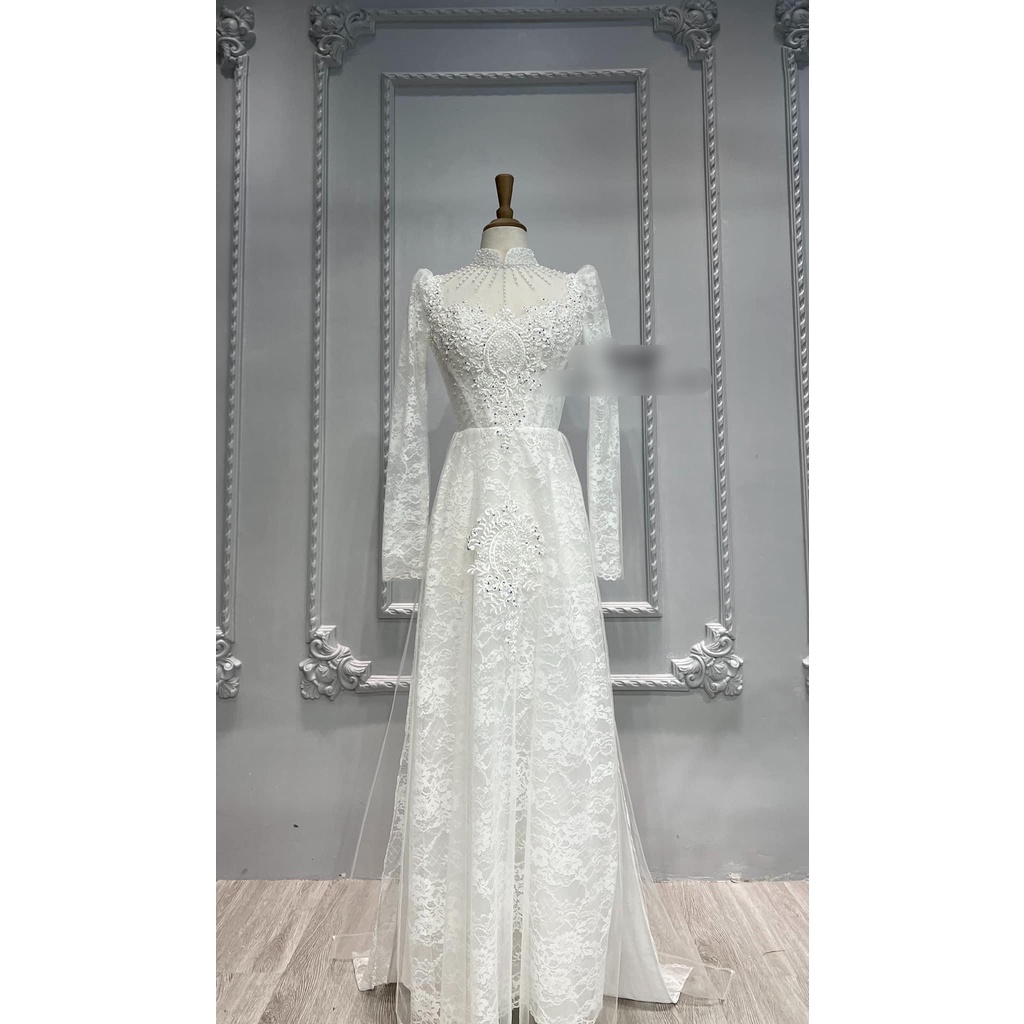 Áo dài ren dệt tai dài,4 tà đính hạt cao cấp,áo dài cô dâu thiết kế