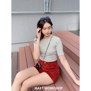 Áo thun tay lỡ ôm dáng Knitted Basic Tee Green Stripped Maxy Workshop