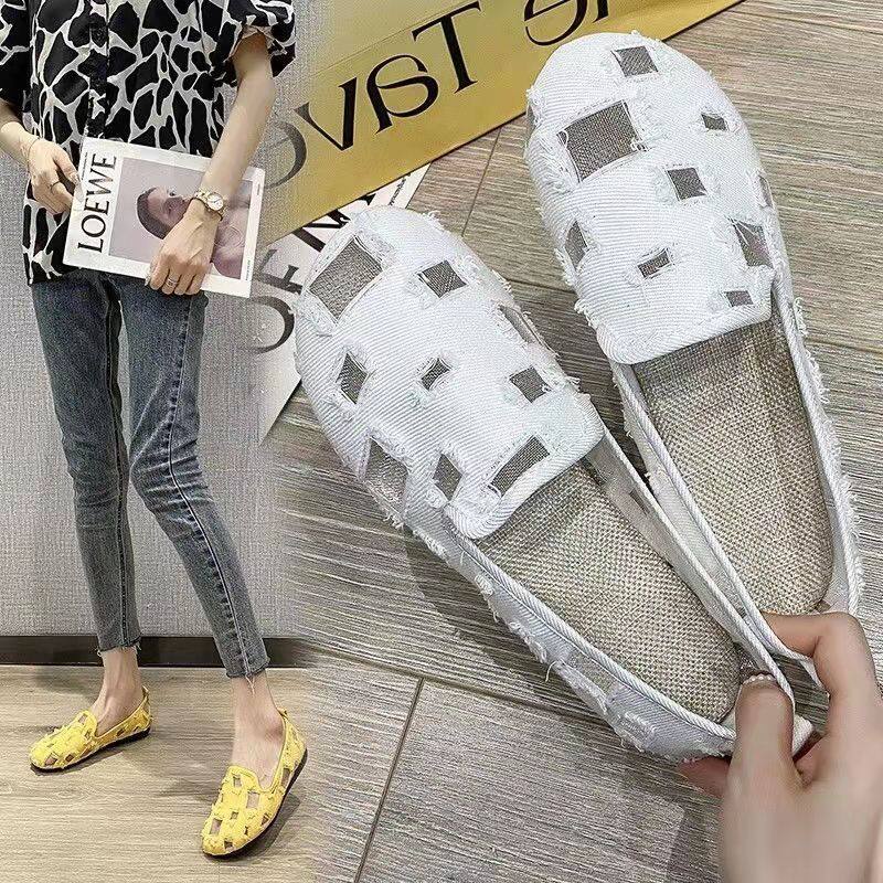Giày Búp Bê Vải Lanh Đế Bằng Đục Lỗ Thoáng Khí Thời Trang Mùa Hè Hàng Mới 2022 Dành Cho Bạn Nữ