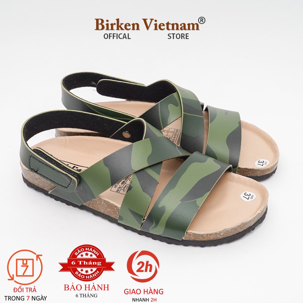 Mã R21 Sandal ĐẾ TRẤU Da PU Camo Rằn Ri Quai Chéo Khóa Dán Unisex Birken Vietnam Bioline
