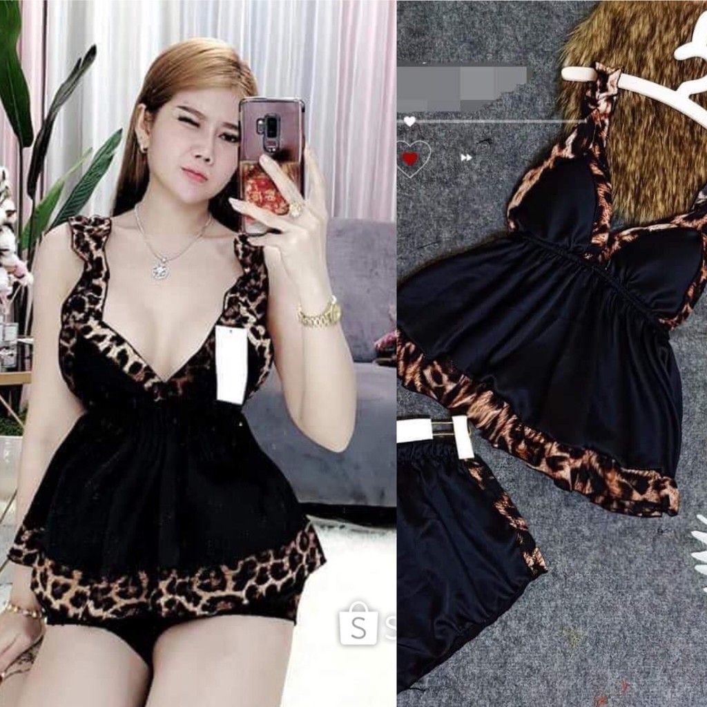 Đồ Ngủ Nữ ❤FREESHIP❤ Đồ Mặc Nhà Đồ Ngủ Sexy Phi Lụa Phối Beo Có Mút Ngực <60Kg