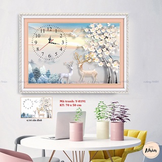 Tranh đính đá đồng hồ chủ đề hươu tài lộc - tranh 3 bức hươu