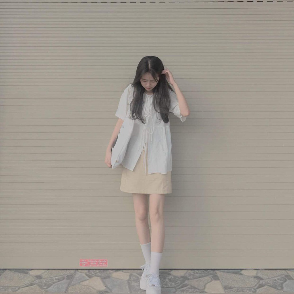 Set trang phục chân váy áo babydoll trắng buộc dây (có ảnh thật- Không bán rời)[EGANDA] | BigBuy360 - bigbuy360.vn