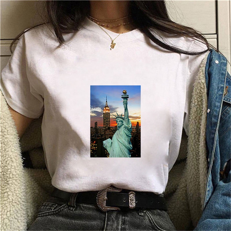 Women Funny Vintage Vogue Printed TShirt Summer Statue of Liberty T-shirt Women White O-Neck T-Shirt Femme Streetwear