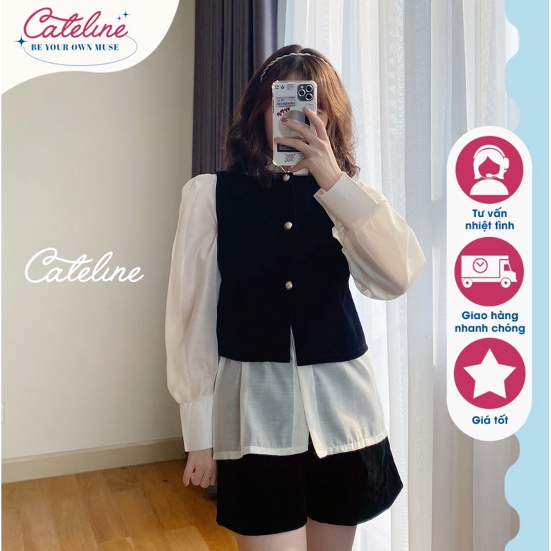 Set sơ mi nữ Cateline cổ bèo voan gile short nhung tiểu thư sang chảnh - SCL007