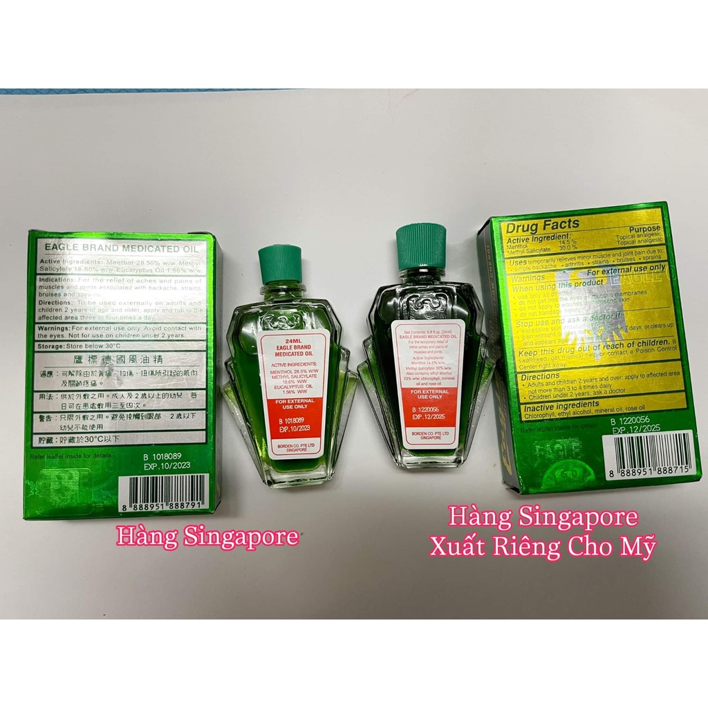 01 Dầu Gió Xanh Con Ó Eagle Brand 2 Nắp Mỹ 24ML (Singapore sx cho thị trường Mỹ)