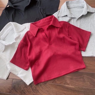 Áo croptop thun gân cổ bẻ