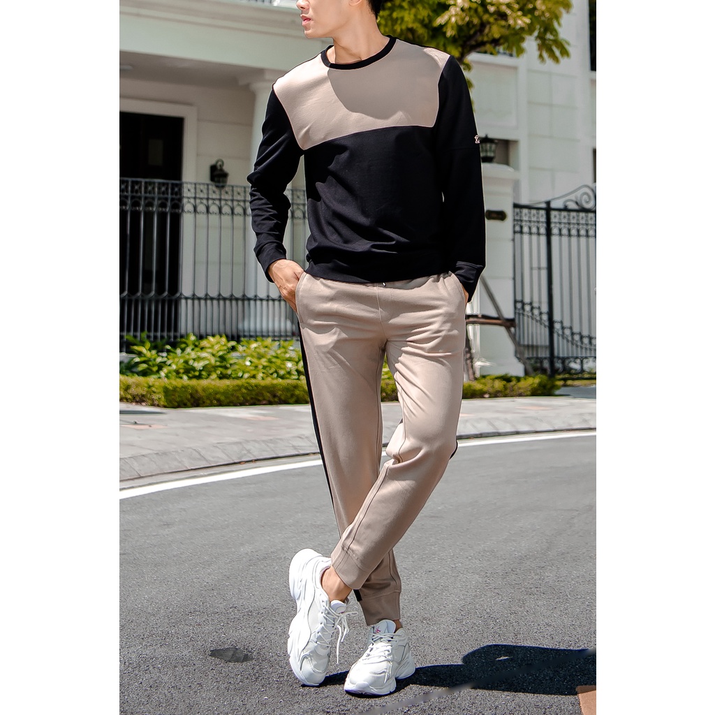 Quần jogger thể thao nam CIZA phối sọc in chữ dáng rộng cao cấp trẻ trung size S M L XL màu be SQGDR10