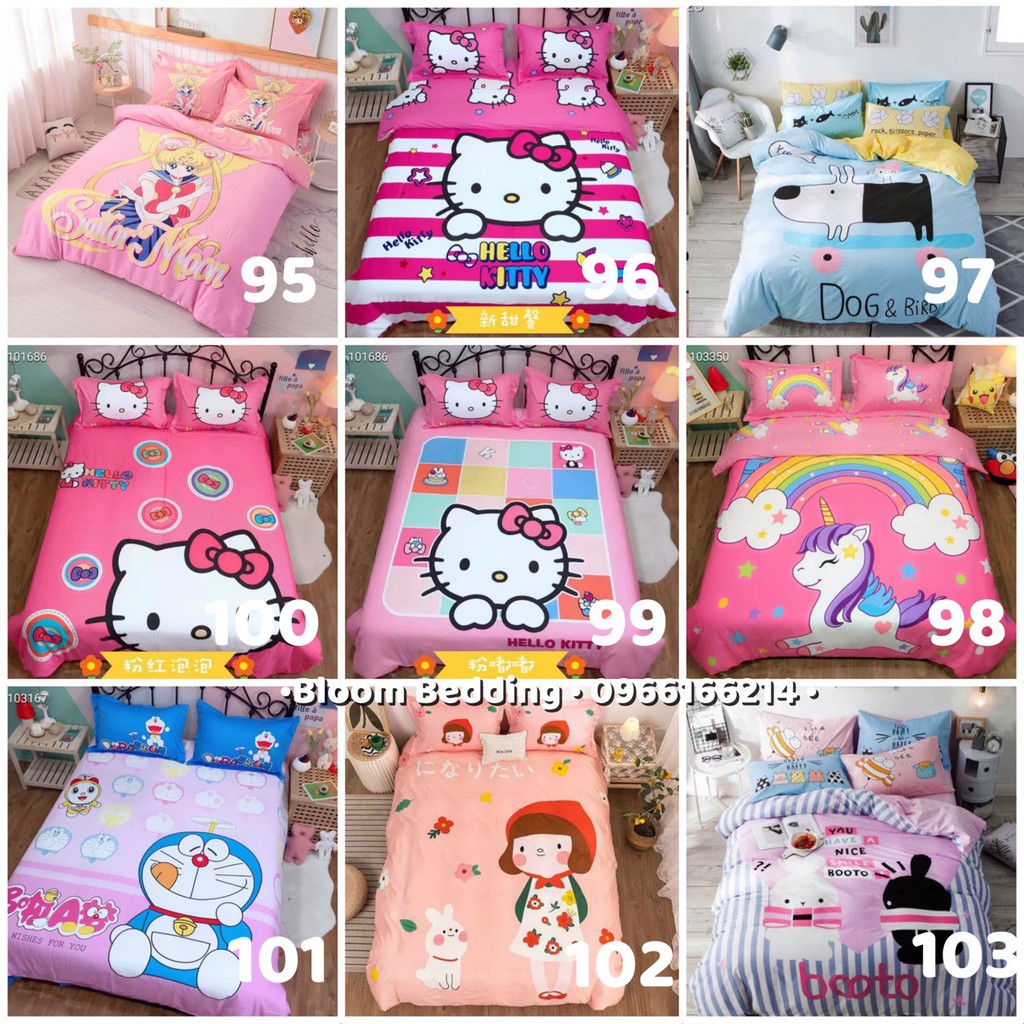 (65 Mẫu) Set Chăn Ga Gối Cotton Yumi 4 Món Cho Bé - Doremon / Peppa / Hello Kitty / Người máy - Bloom Bedding