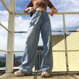 Quần Denim Lưng Cao Ống Rộng Cá Tính Dành Cho Nữ