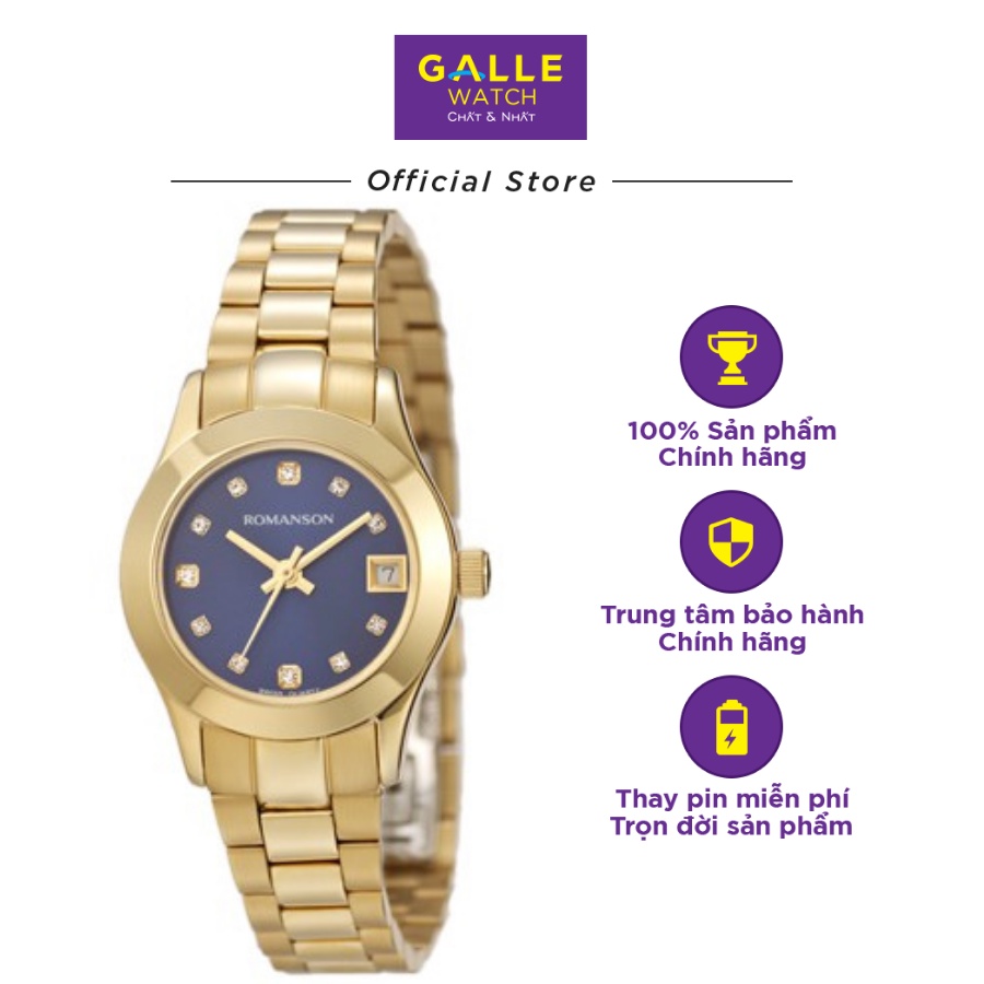Đồng hồ Romanson Watch RM4205LGBLUE,nữ mặt nhỏ đính đá kính chống xước mạ PVD, máy Thụy Sĩ dây thép cao cấp chính hãng