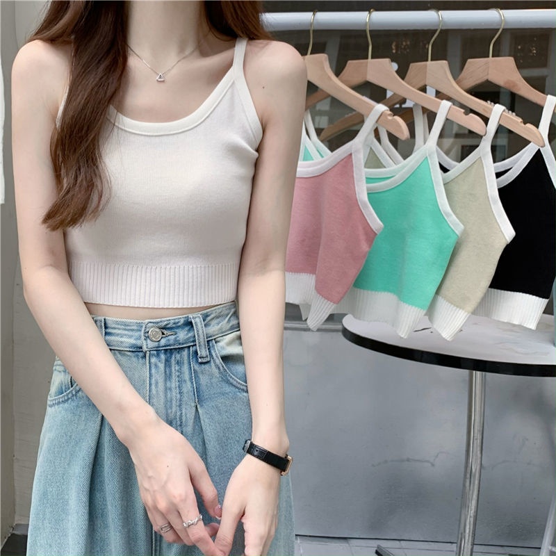 Áo Hai Dây Dệt Kim Dáng Ngắn Màu Hồng Phong Cách Hàn Quốc Thời Trang Mùa Hè Cho Nữ