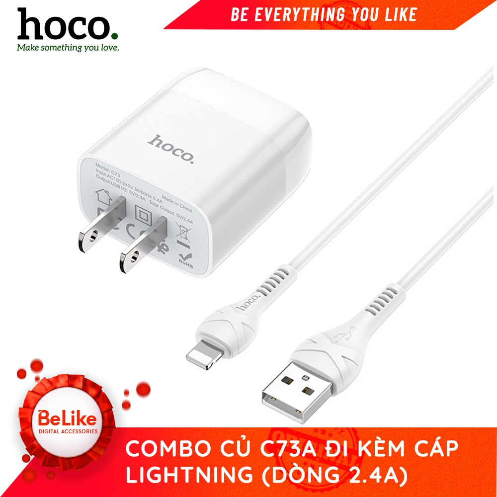 Sạc Điện Thoại Iphone & Ipad Hoco C73, Sạc Nhanh 12W, Tặng Kèm Cáp Sạc Lightning - Hàng Chính Hãng