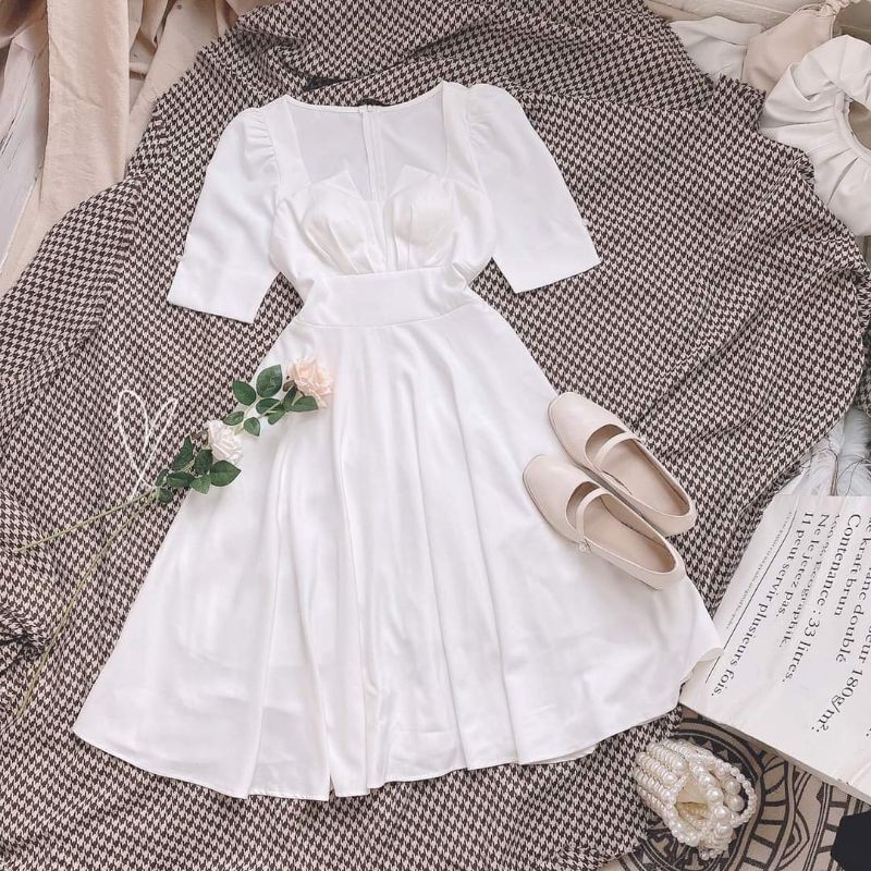 Maxi trắng ngực xếp kiểu bo eo(phiên bản tay ngắn)