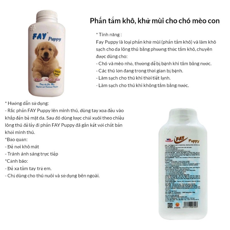 PHẤN FAY KHỬ MÙI HÔI CHO CHÓ MÈO CON 120G