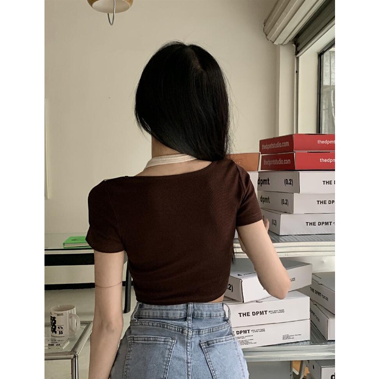 Áo Thun Giả Hai Lớp Màu Sắc Tương Phản Thời Trang Dành Cho Nữ