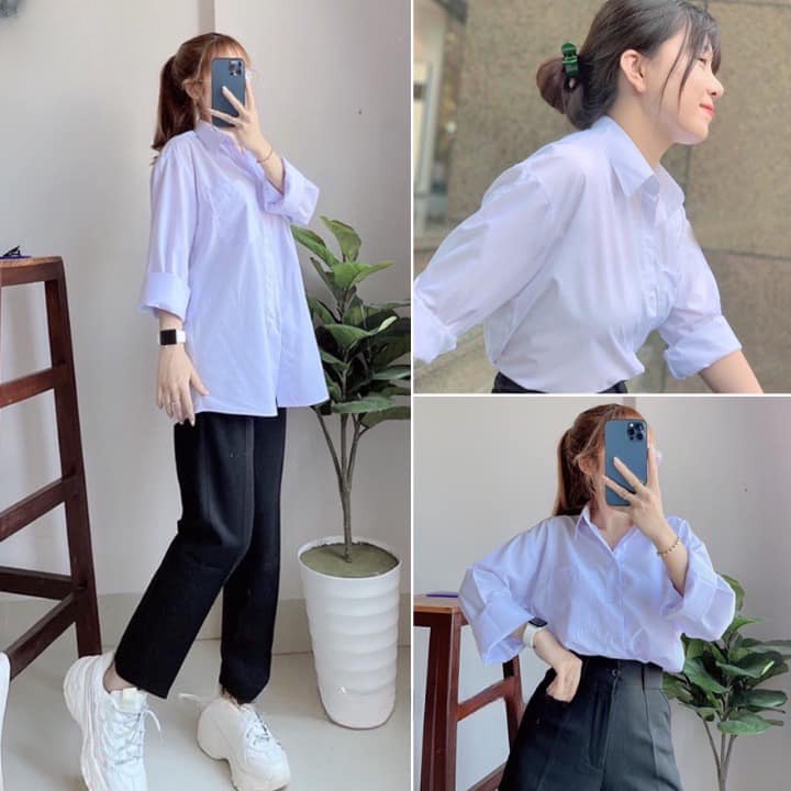 Áo sơ mi nam nữ dài tay đi học, Áo trắng nam nữ ánh xanh chất lụa mềm mịn đi học phối đồ đi chơi đều được