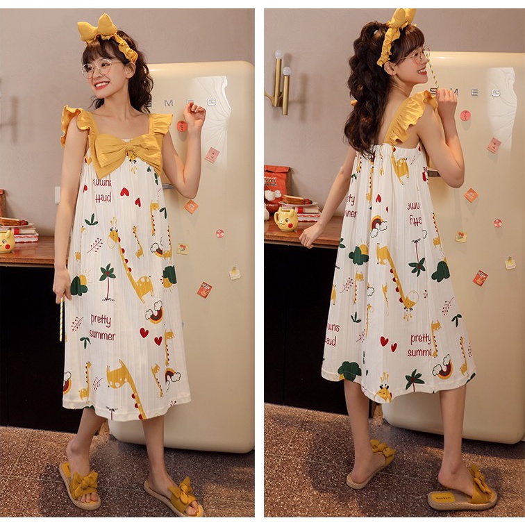 Váy ngủ nữ ngắn tay mùa hè, váy 2 dây cánh tiên vải cotton thông hơi thoáng mát, phong cách ngọt ngào, tiểu thư mã VG