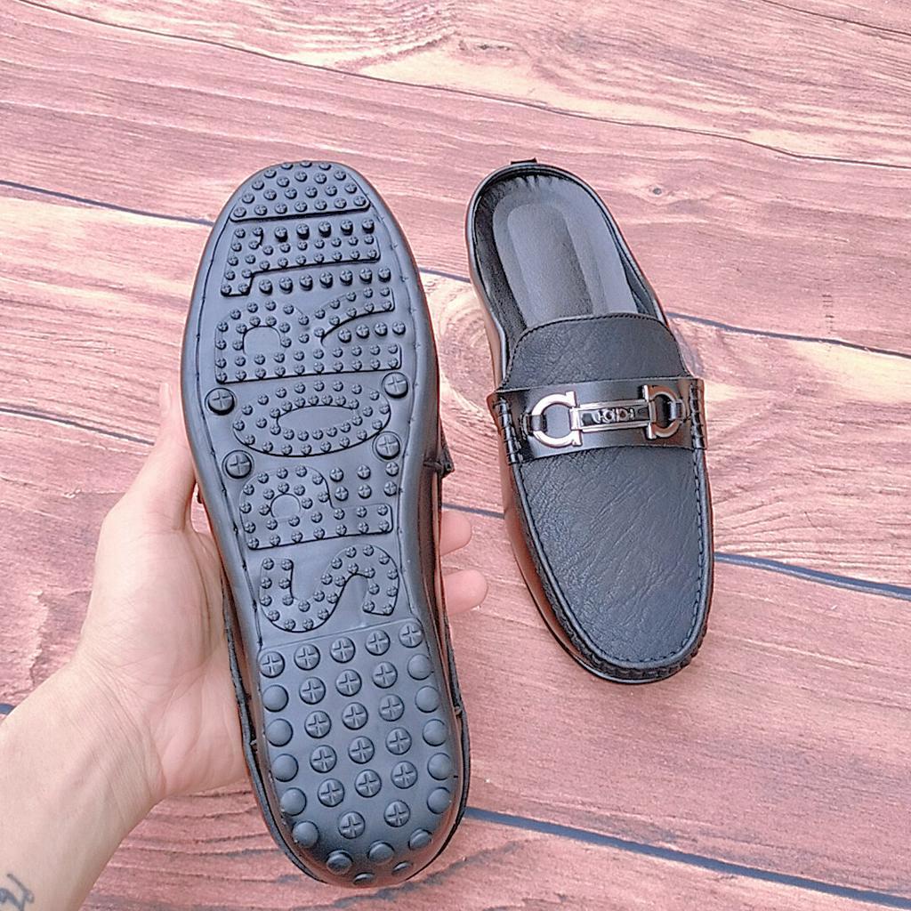 Giày sục nam sandes da thật đế cao su may viền khâu đế sục nam da nhám khuy thép full size 38-43