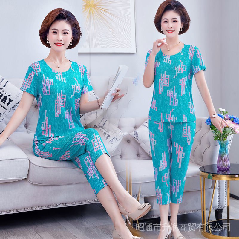 Bộ Quần Áo Thời Trang Mùa Hè Tay Ngắn Dành Cho Phụ Nữ Độ Tuổi Trung Niên 50T