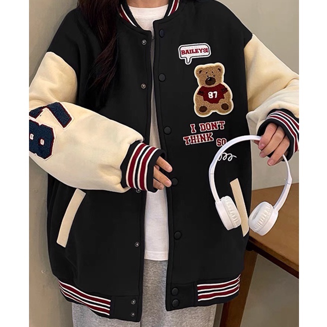 Áo Khoác Nỉ Bomber Unisex , Áo Khoác Bomber Nữ Gấu 87 MS09