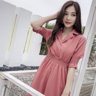 Đầm váy hồng ruốc thun eo (kèm hình thật)