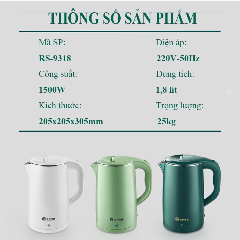 Ấm siêu tốc cao cấp Bình đun nước dung tích 1.8 lít Công suất 1500W VTM