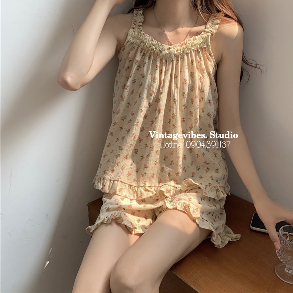 Set áo babydoll 2 dây bèo nhún kèm quần short Ulzzang (hàng QC) - Ảnh thật