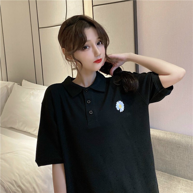 Áo Thun tay lỡ Unisex FREESIZE Cổ Trụ Polo in hình Hoa Cúc Hot Trend M0113