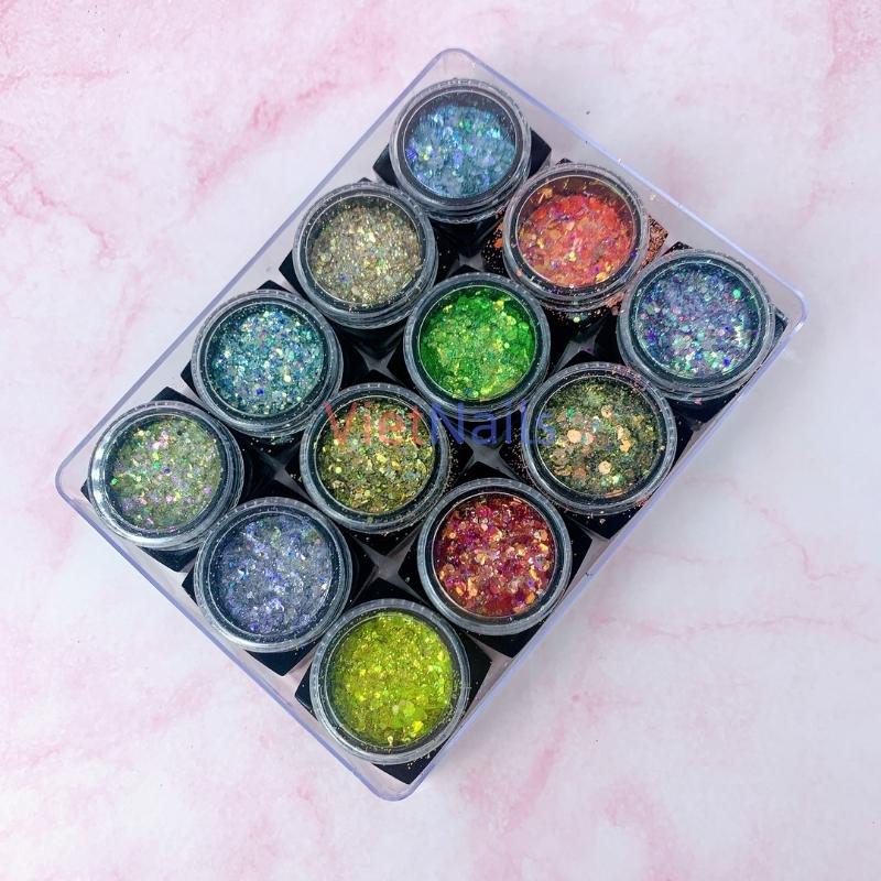 Set nhũ kim tuyến vảy cá 12 màu trang trí móng nail