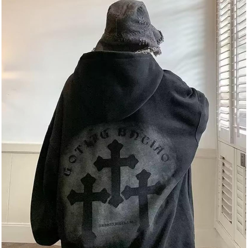 Áo Hoodie Vải Nỉ Tay Dài Cỡ Lớn In Hình Chữ Thập Màu Gradient Kiểu Mỹ / Mỹ / Hàn Quốc Thời Trang Cho Cặp Đôi