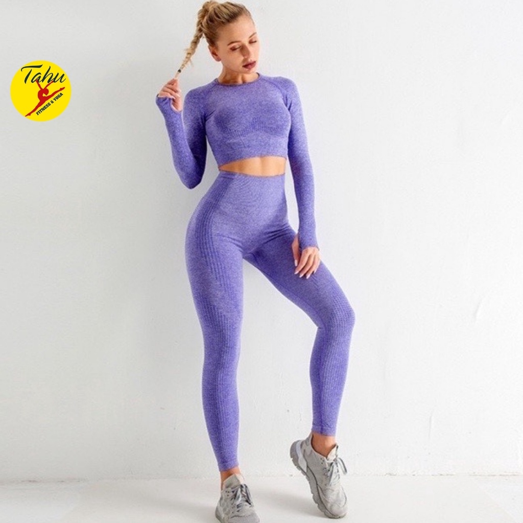 Bộ tập Yoga Gym áo dài tay chất dệt kim cao cấp co giãn 4 chiều