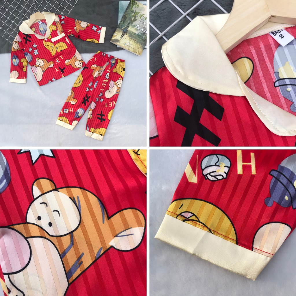 Bộ ngủ pijama lụa gấm tay dài quần dài size nhí cho bé (9-22kg) - Hirokids