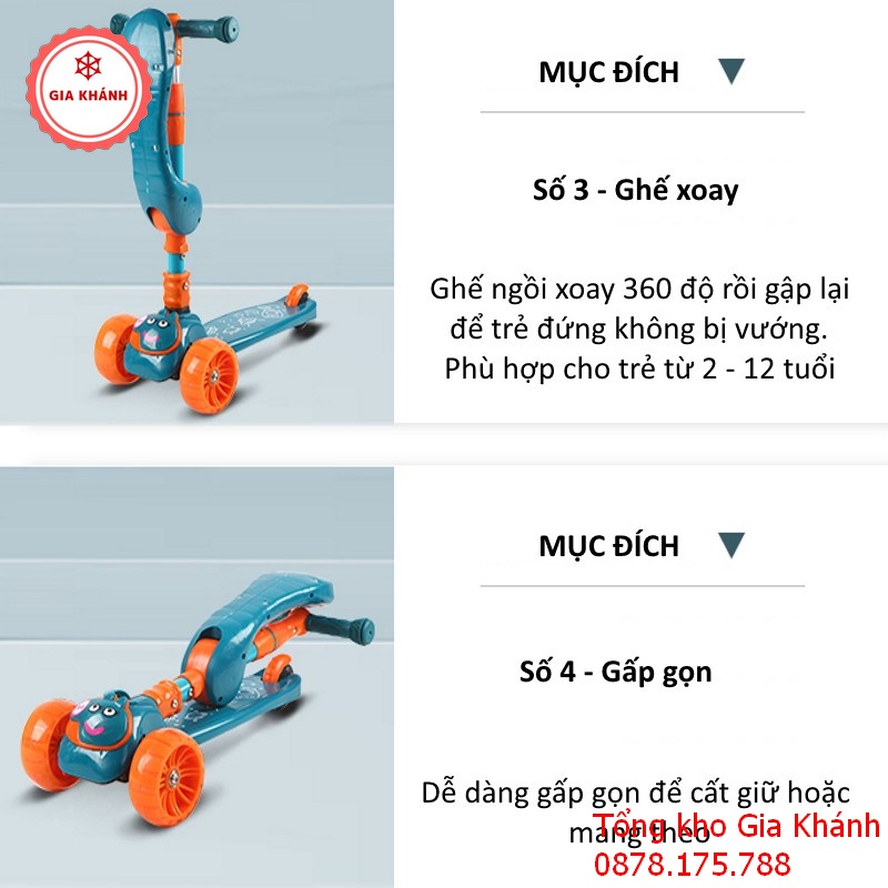 Xe Trượt Scooter Đa Năng Phát Sáng Cho Bé Từ 2 Đến 8 Tuổi - Xe Thăng Bằng Có Nhạc, Ghế Nhún Cho Trẻ LD2123