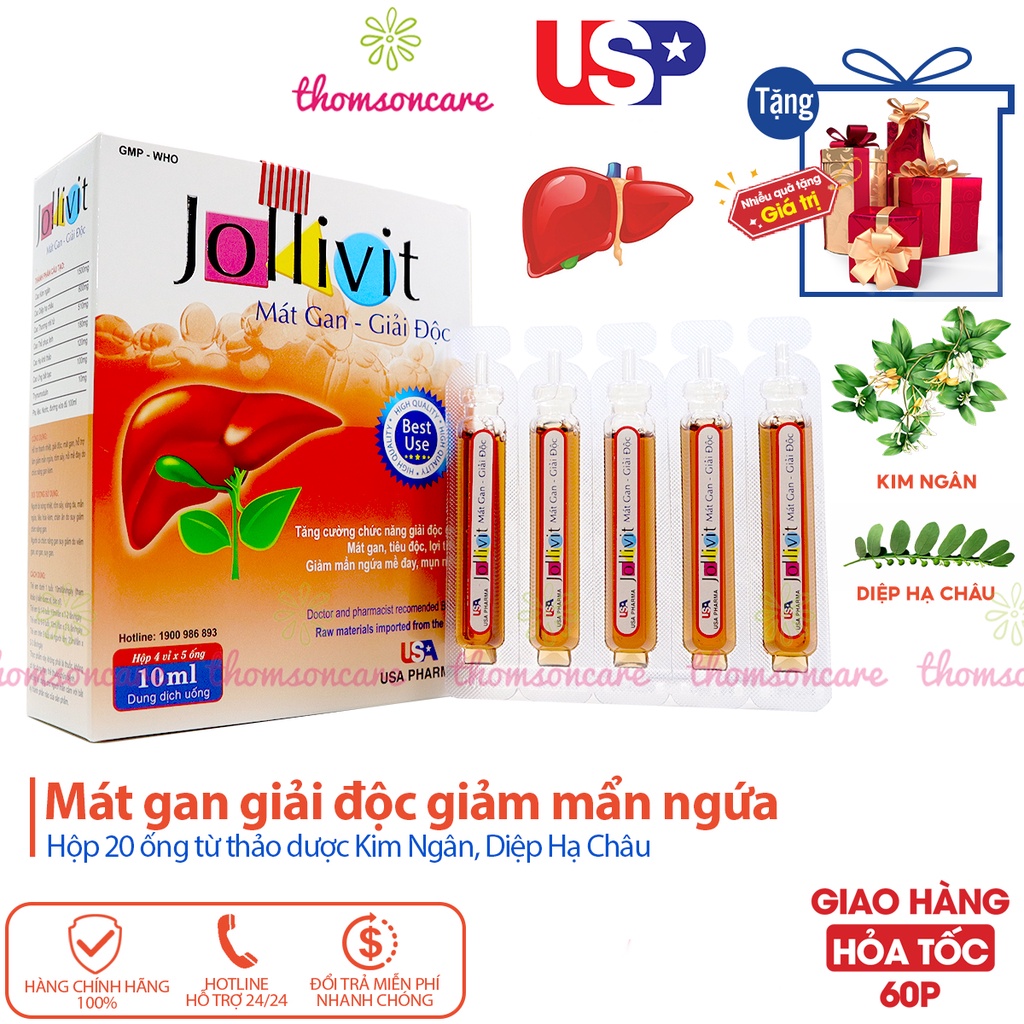 Siro giải độc gan, mát gan Jollivit - Từ Kim Ngân, Diệp Hạ Châu thanh nhiệt, giảm mẩn ngứa, rôm sảy cho bé - Hộp 20 ống