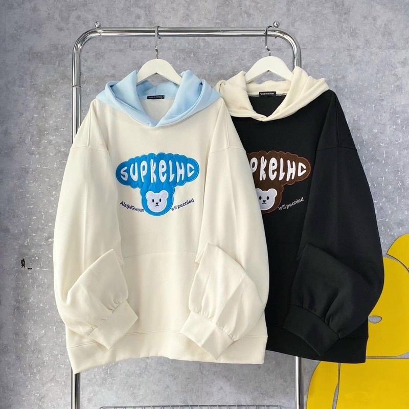 Áo Hoodie Tay Phồng Nỉ Cotton Loại 1 Thêu Hoạ Tiết Ảnh Thật